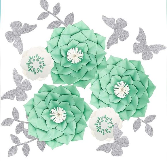 Large 3D Paper 14 Pc Flower Butterfly Leaves Decor Set Preassembled - Picture 1 of 1